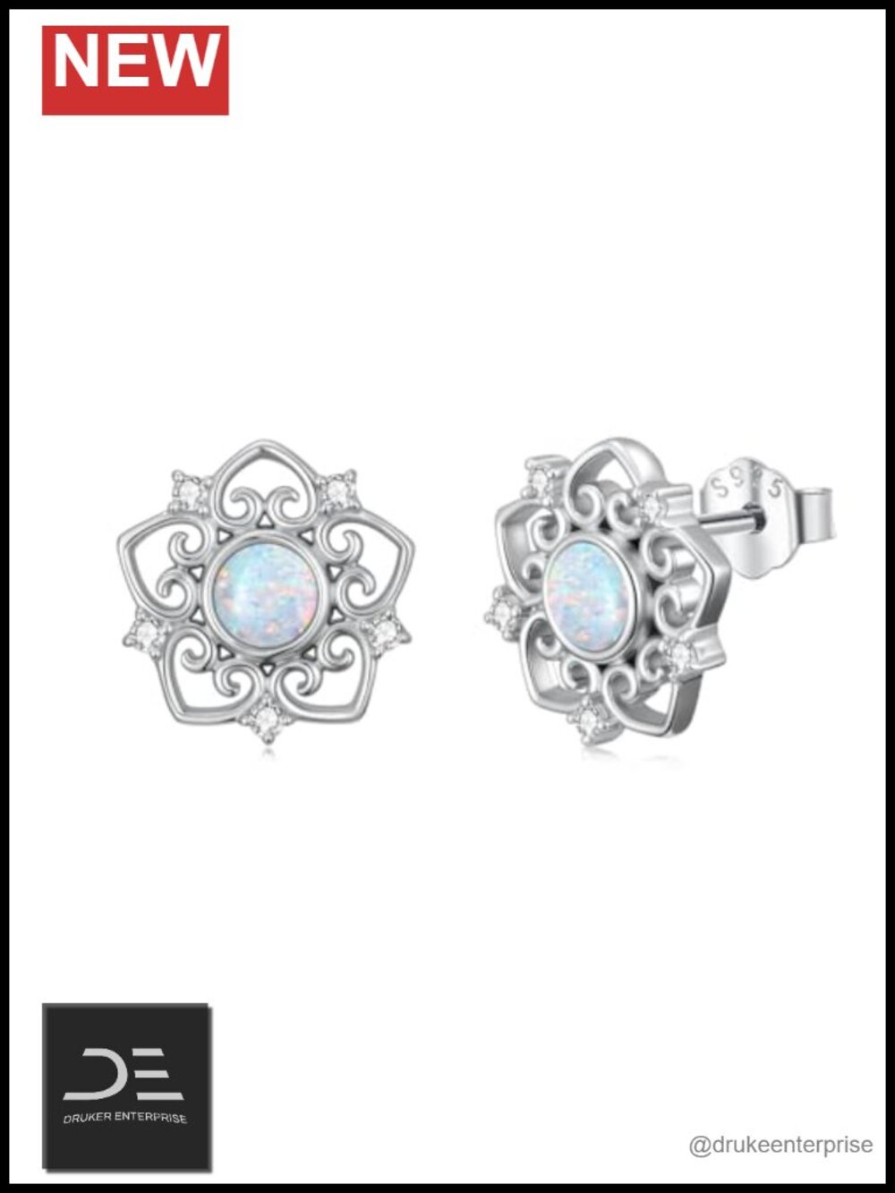 Sterling Silver Opal Stud Earrings Genuine Diamond Flower Jewelry 11mm